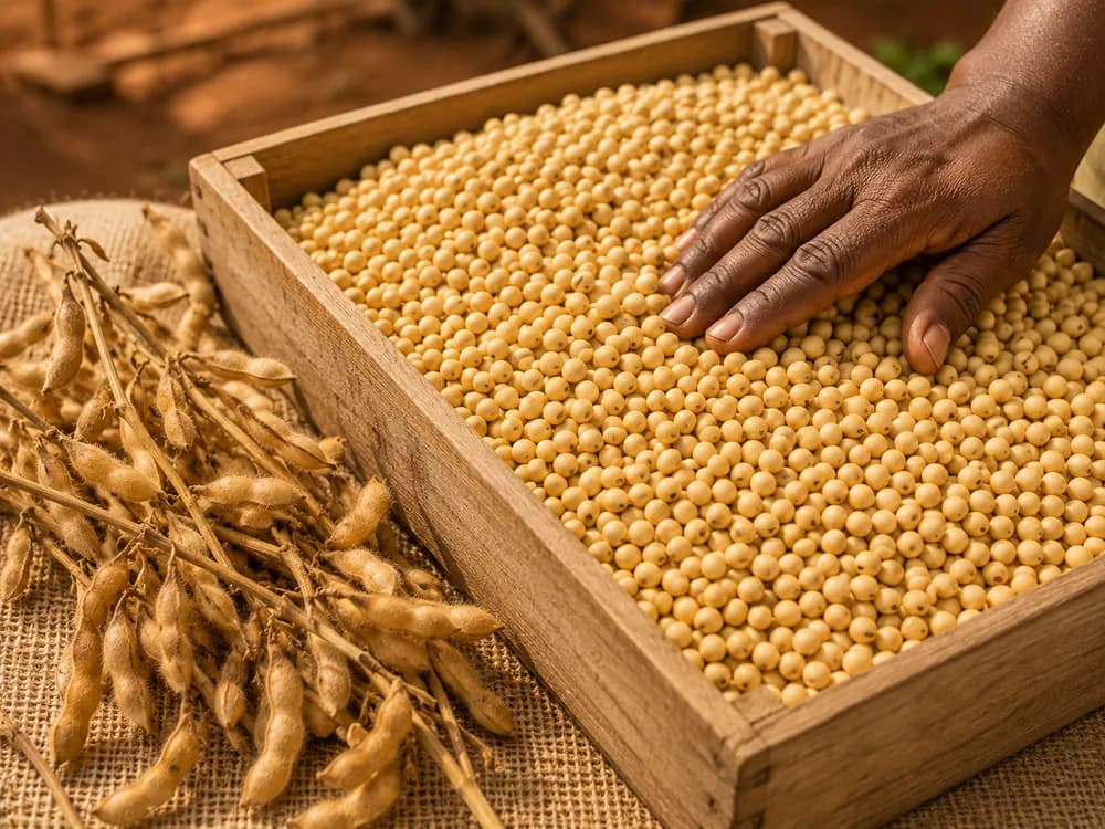 Grains de soja en tas dans une caisse de tri
