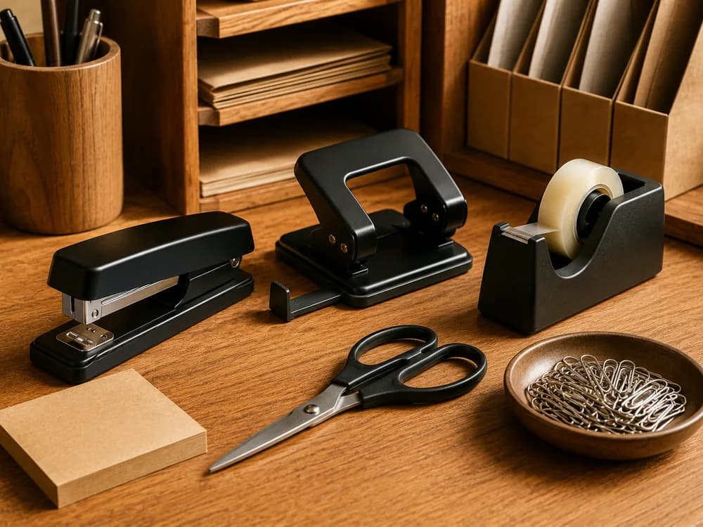 Agrafeuse, perforateur, ciseaux et trombones disposés sur un bureau en bois