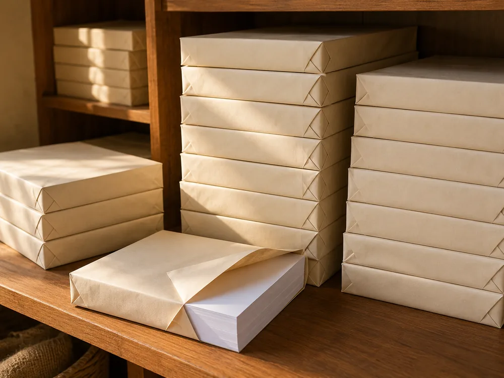 Ramettes de papier blanc empilées sur une étagère en bois
