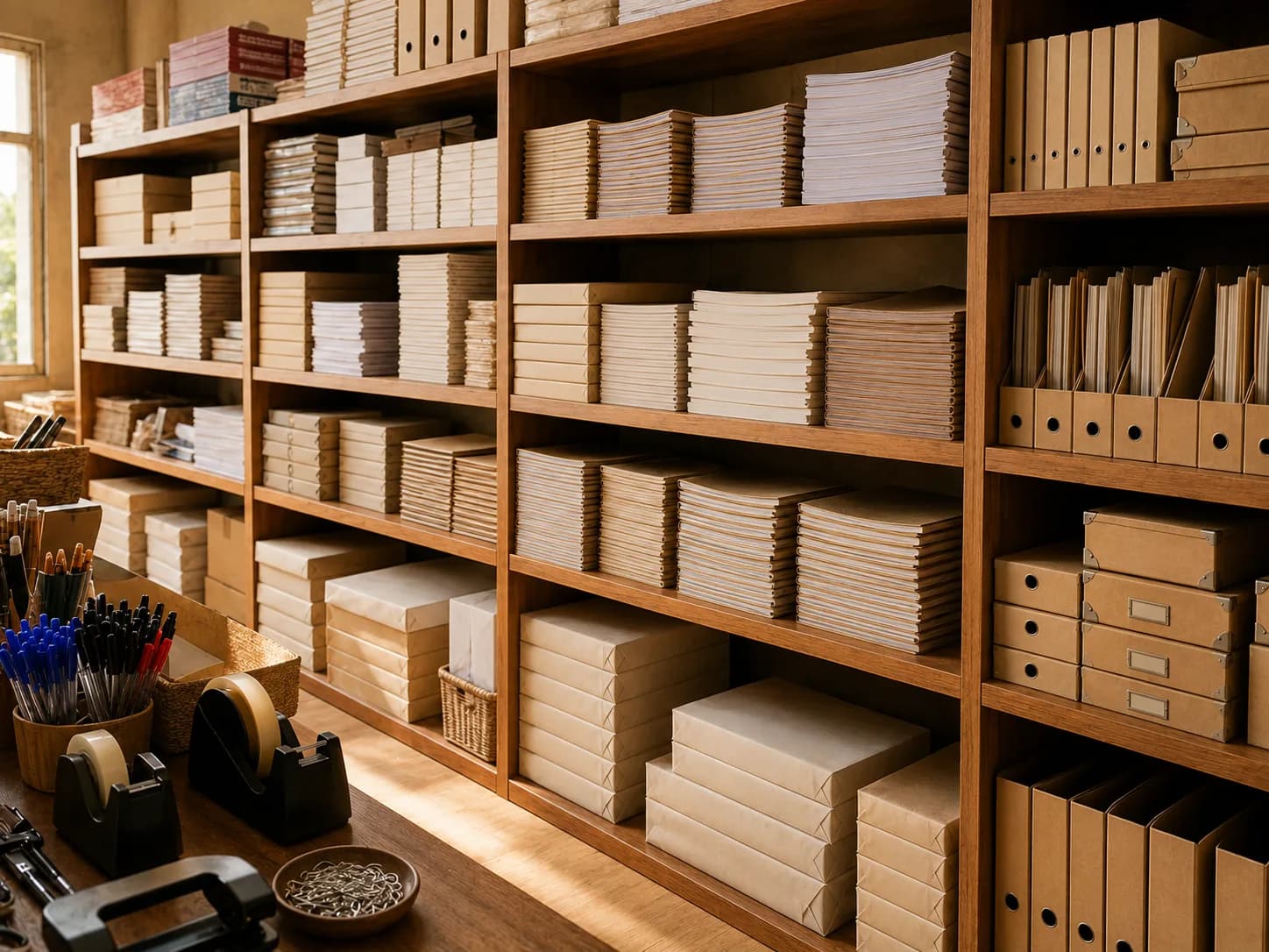 Rayon de fournitures de bureau : étagères en bois garnies de cahiers, de ramettes et de boîtes d'archives