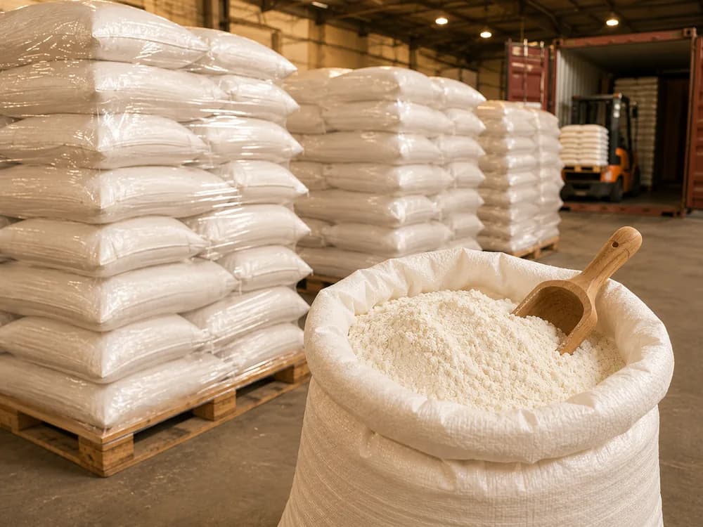 Sacs de farine blanche palettisés dans un entrepôt