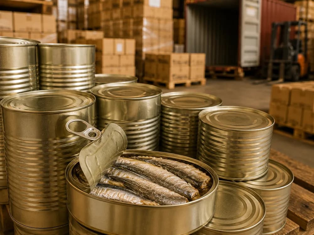 Boîtes de conserve de sardines empilées dans un entrepôt