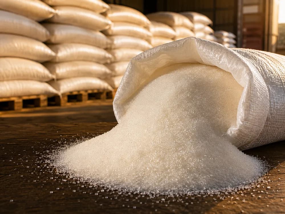Sucre blanc cristallisé s'écoulant d'un sac ouvert
