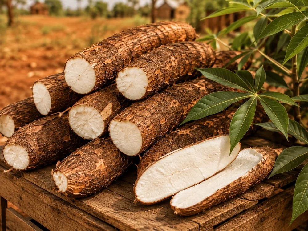 Racines de manioc fraîchement récoltées empilées dans une caisse