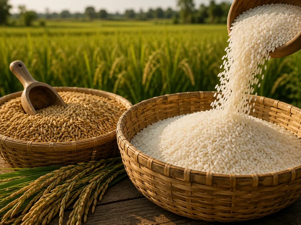 Riz blanc long grain versé dans un panier tressé